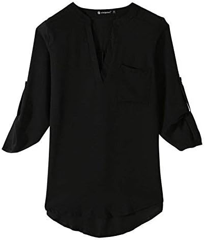 Jngrtsyjvip Fashion  Women's Split-Neck Roll-Tab Sleeves Tunic - Perfect Long for Leggings Shirt Cute Versatile Top Notch V Neck Plus Size Blouse