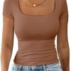 Jngrtsyjvip Fashion Womens Summer Sexy Short Sleeve Square Neck Double Lined Basic Slim Fit Crop T Shirt
