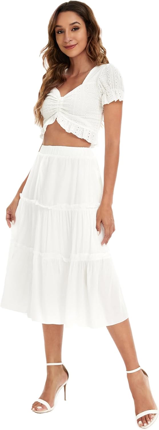 Jngrtsyjvip Fashion Women's High Waist Frill Trim A Line Swing Flowy Summer Midi Skirts