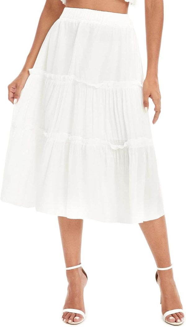Jngrtsyjvip Fashion Women's High Waist Frill Trim A Line Swing Flowy Summer Midi Skirts