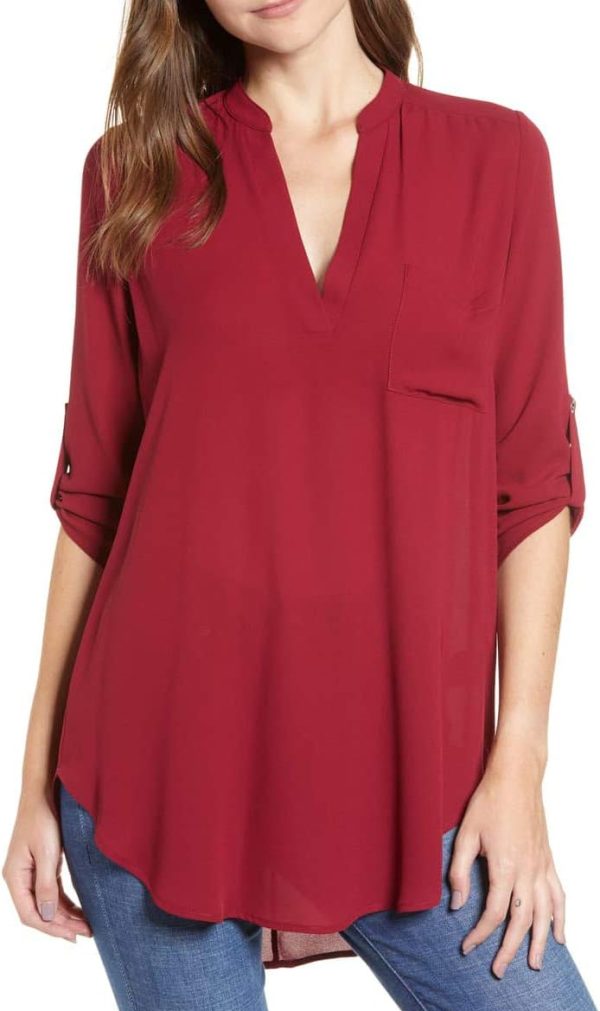 Jngrtsyjvip Fashion  Women's Split-Neck Roll-Tab Sleeves Tunic - Perfect Long for Leggings Shirt Cute Versatile Top Notch V Neck Plus Size Blouse