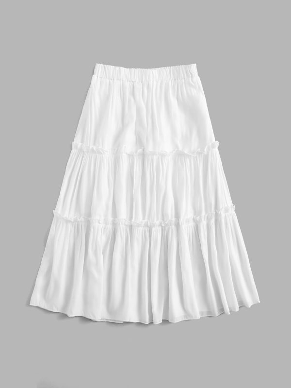 Jngrtsyjvip Fashion Women's High Waist Frill Trim A Line Swing Flowy Summer Midi Skirts