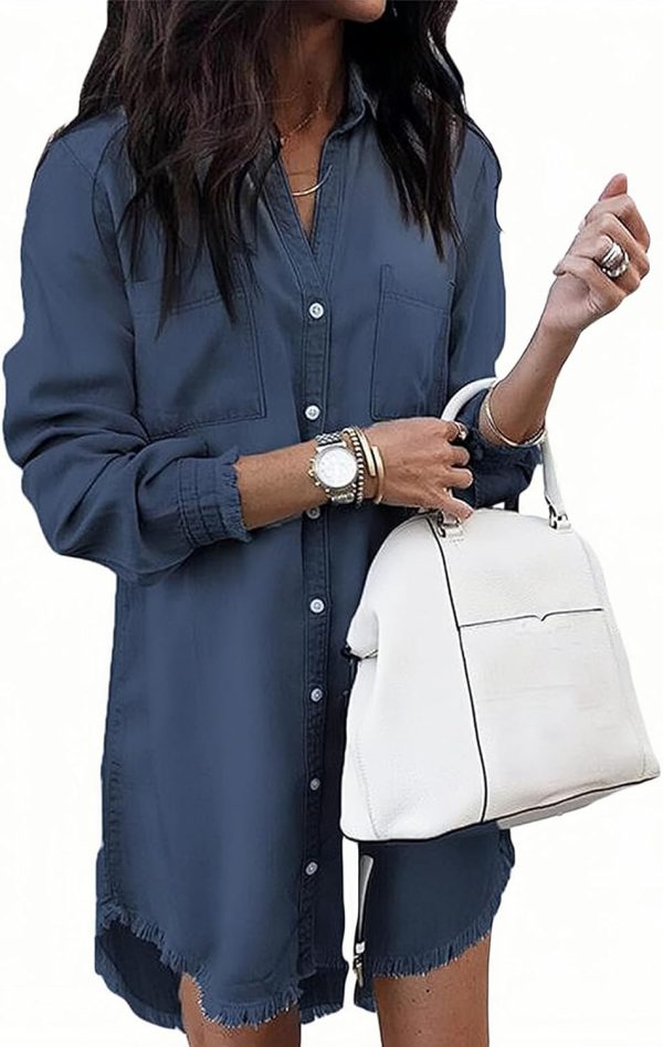 Jngrtsyjvip Fashion   Women Denim Shirt Dresses Long Sleeve Distressed Jean Dress Button Down Casual Tunic Top