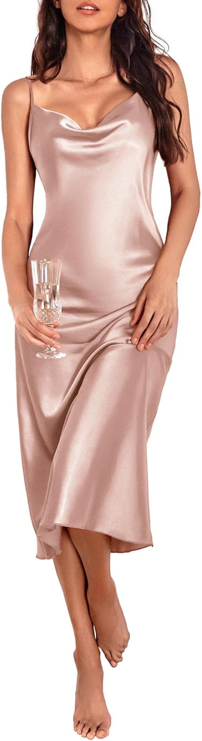 Jngrtsyjvip Fashion Womens Satin Nightgown Sexy Lingerie Sleepwear Spaghetti Strap Cowl Neck Elegant Long Slip Satin Silk Midi Dress