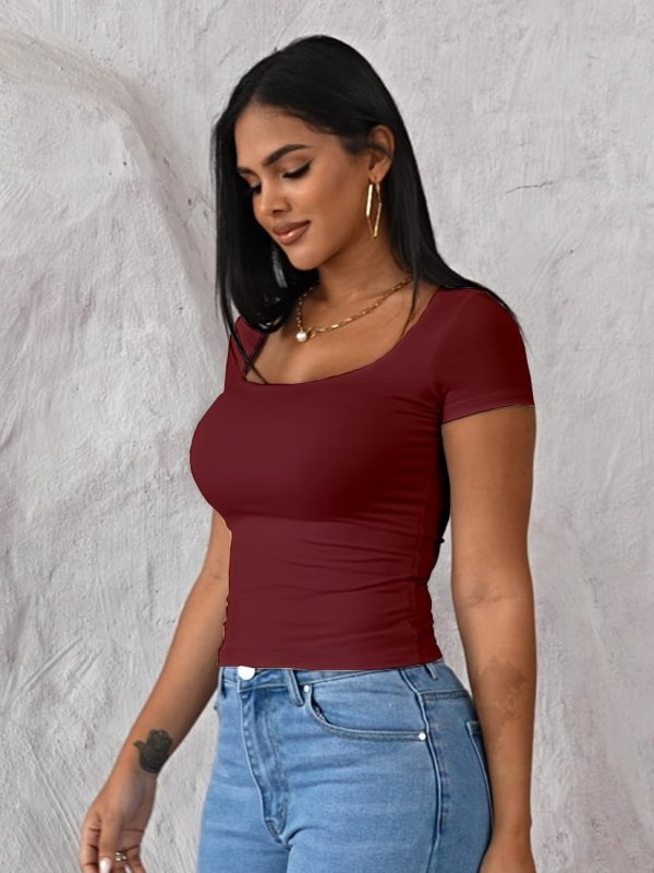 Jngrtsyjvip Fashion Womens Summer Sexy Short Sleeve Square Neck Double Lined Basic Slim Fit Crop T Shirt