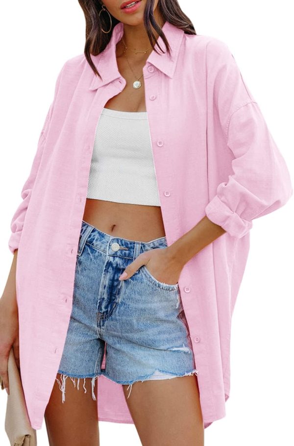 Jngrtsyjvip Fashion   Womens Oversized Button Down Shirts Casual Loose Long Sleeve Solid Lapel Long Blouses Tops with Pockets