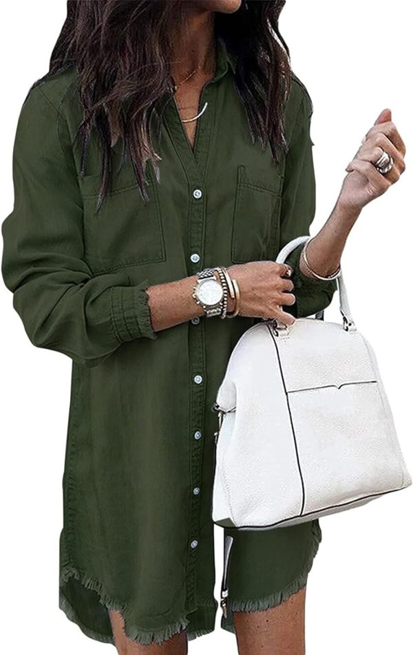 Jngrtsyjvip Fashion   Women Denim Shirt Dresses Long Sleeve Distressed Jean Dress Button Down Casual Tunic Top