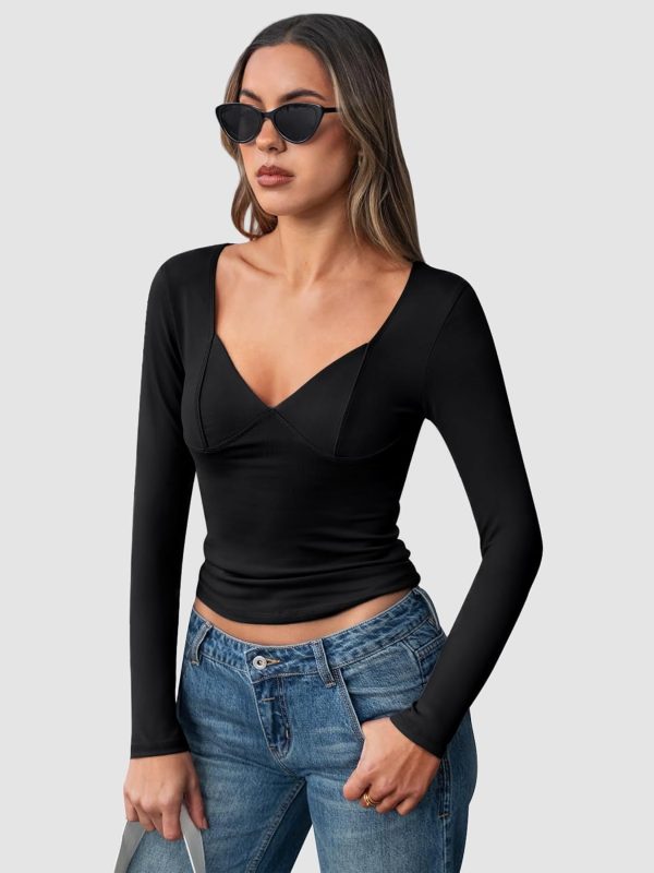Jngrtsyjvip Fashion Womens Long Sleeve Deep V-Neck Crop Tops Basic Y2K Going Out Tops Fall Outfits 2024 Fashion Clothes