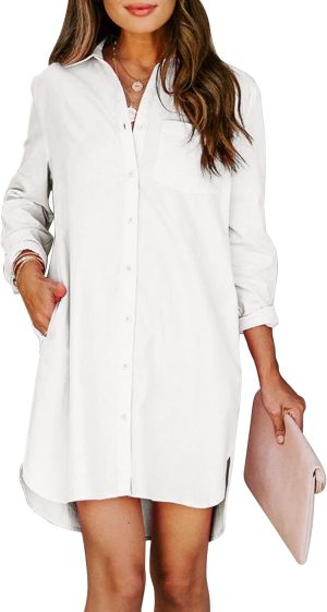 Jngrtsyjvip Fashion Womens Button Down Shirt Dresses with Pockets Cotton Button Up Tunics Long Sleeve Solid High Low Blouse Tops