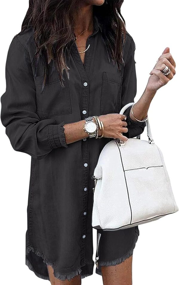 Jngrtsyjvip Fashion   Women Denim Shirt Dresses Long Sleeve Distressed Jean Dress Button Down Casual Tunic Top