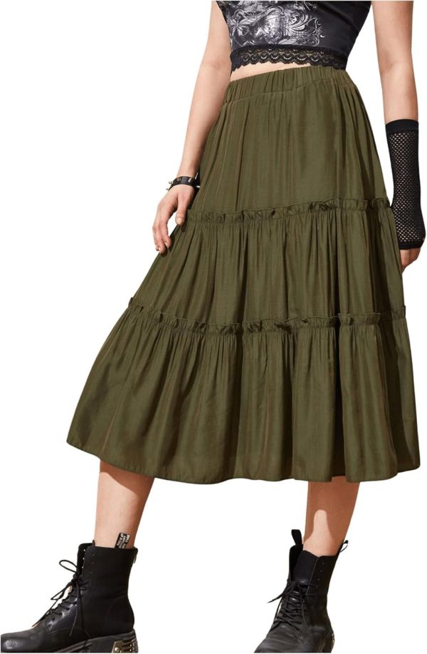 Jngrtsyjvip Fashion Women's High Waist Frill Trim A Line Swing Flowy Summer Midi Skirts