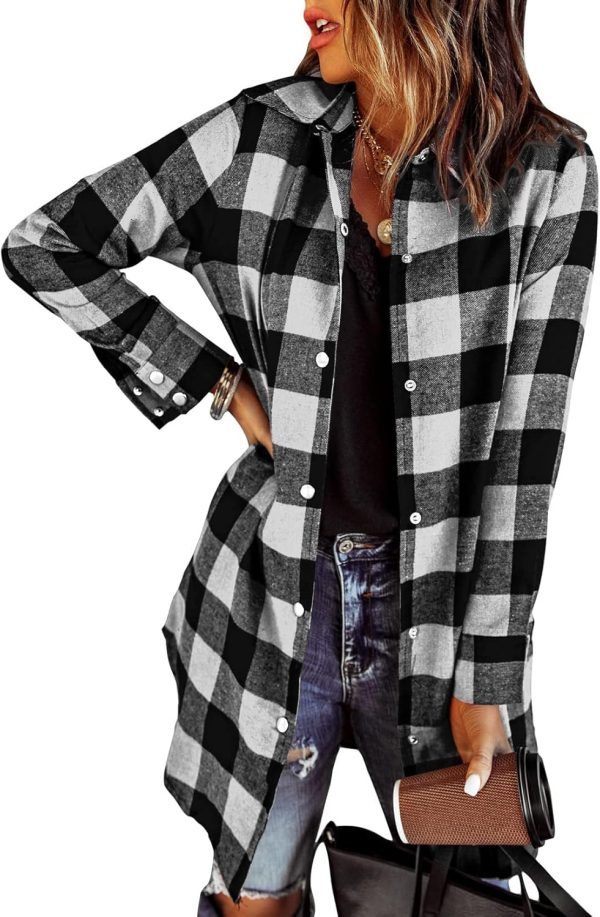 Jngrtsyjvip Fashion   Flannel for Women 2024 Fall Fashion Long Sleeve Plaid Button Down Shirts Shacket Blouse Top with Pockets