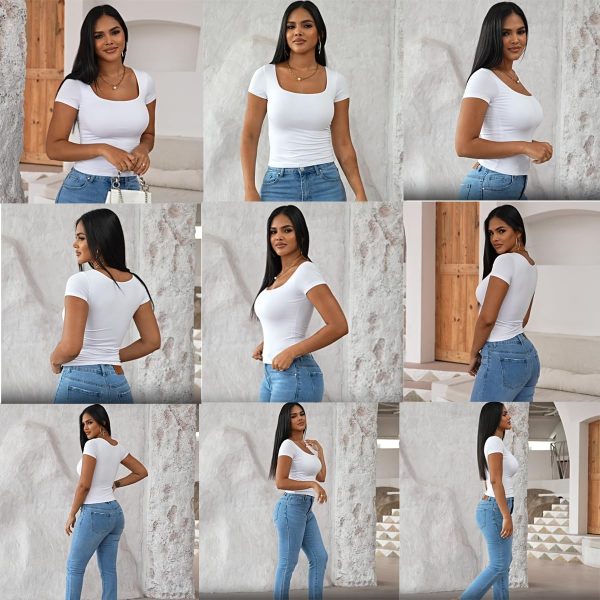 Jngrtsyjvip Fashion Womens Summer Sexy Short Sleeve Square Neck Double Lined Basic Slim Fit Crop T Shirt
