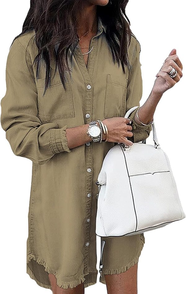 Jngrtsyjvip Fashion   Women Denim Shirt Dresses Long Sleeve Distressed Jean Dress Button Down Casual Tunic Top