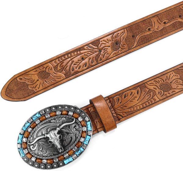 Jngrtsyjvip FashionWomen Western Cowboy Belt - PU Leather Longhorn Bull Turquoise Embossed Buckle Belt for Jeans Pants Dresses