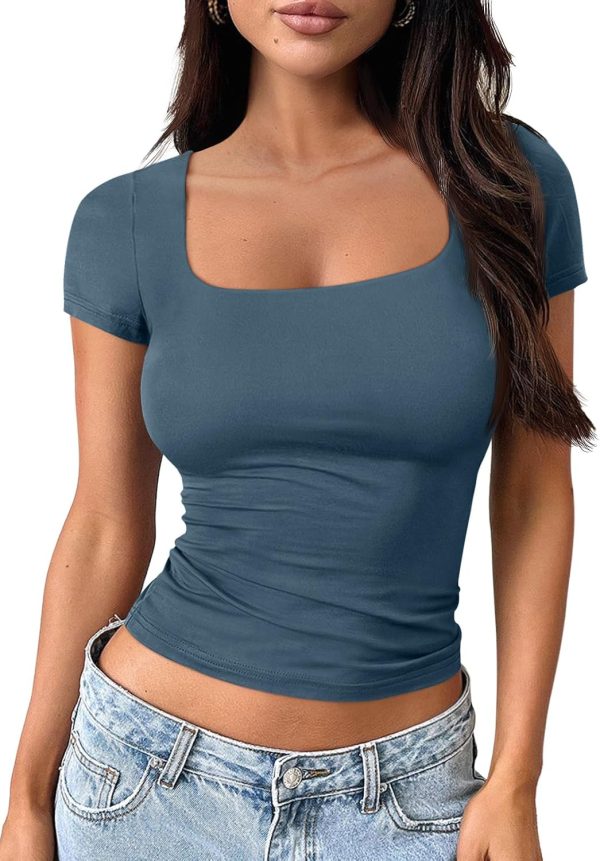 Jngrtsyjvip Fashion Womens Short Sleeve T Shirts Square Neck Crop Going Out Cute Tops for Women Basics Tees Summer Trendy Clothes