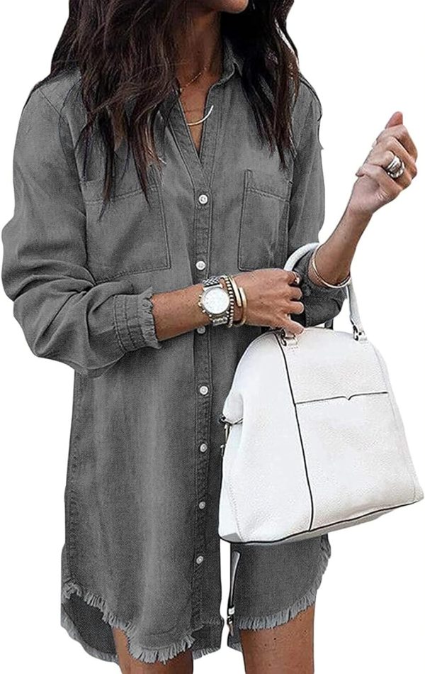 Jngrtsyjvip Fashion   Women Denim Shirt Dresses Long Sleeve Distressed Jean Dress Button Down Casual Tunic Top