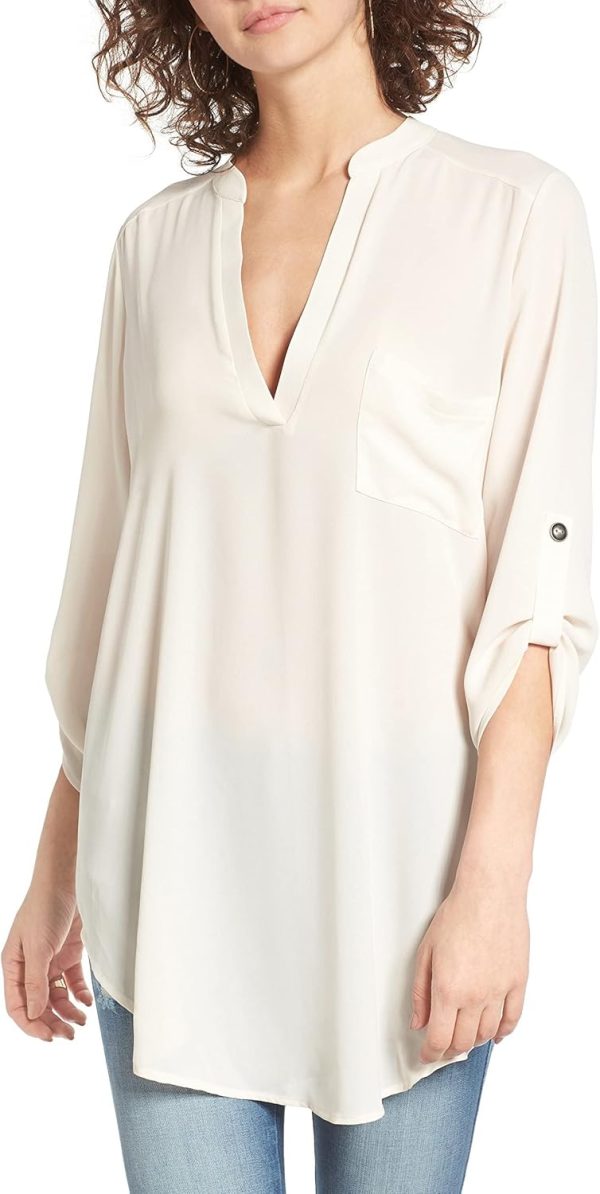 Jngrtsyjvip Fashion  Women's Split-Neck Roll-Tab Sleeves Tunic - Perfect Long for Leggings Shirt Cute Versatile Top Notch V Neck Plus Size Blouse