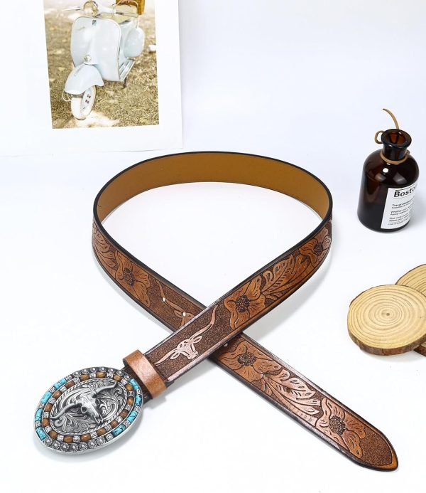 Jngrtsyjvip FashionWomen Western Cowboy Belt - PU Leather Longhorn Bull Turquoise Embossed Buckle Belt for Jeans Pants Dresses