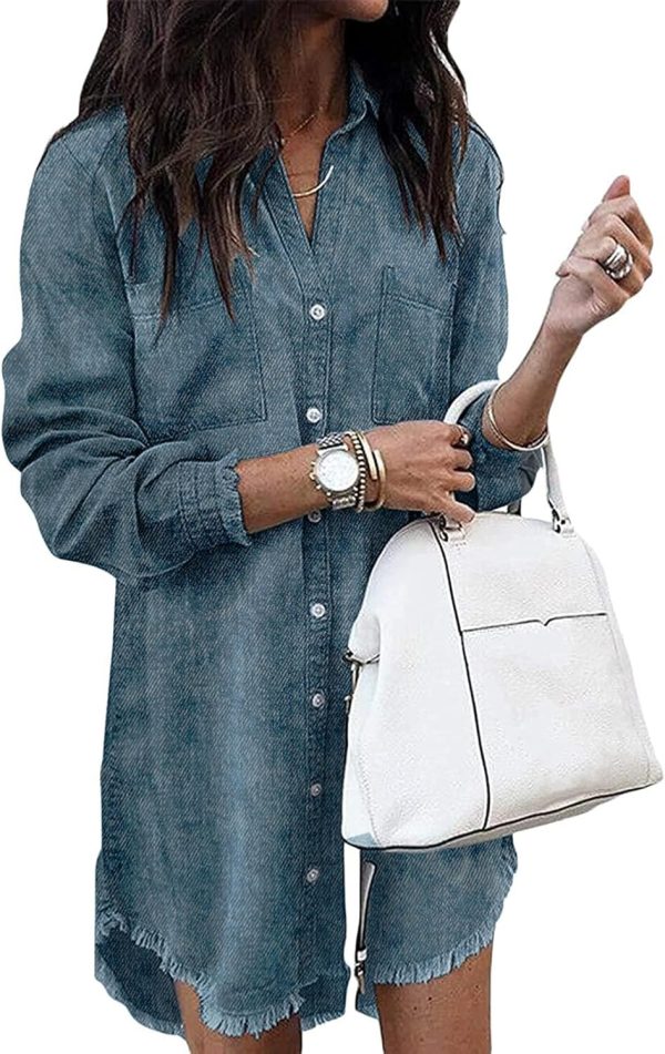 Jngrtsyjvip Fashion   Women Denim Shirt Dresses Long Sleeve Distressed Jean Dress Button Down Casual Tunic Top
