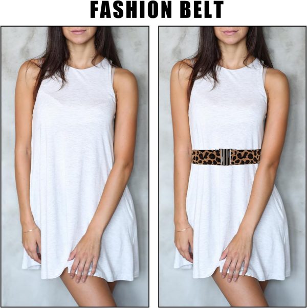 Jngrtsyjvip FashionWomen Stretch Waist Belts, Skinny Elastic Wide Waistband Leopard Print Retro Dress Tuck Belt, Interlock Buckle