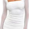 Jngrtsyjvip Fashion   Women's Sexy Ruched Bodycon Mini Dress Mesh Long Sleeve Club Party Short Dresses