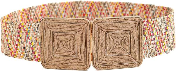 Jngrtsyjvip Fashion  Women's Symmetrical Buckle Straw Belts Wide Belt Elastic Waistband