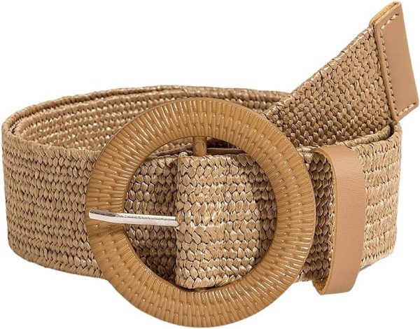 Jngrtsyjvip Fashion  Women's Round Buckle Elastic Straw Belts Boho Waist Belt