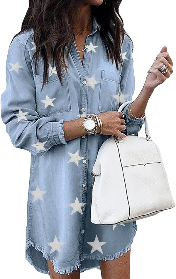 Jngrtsyjvip Fashion   Women Denim Shirt Dresses Long Sleeve Distressed Jean Dress Button Down Casual Tunic Top