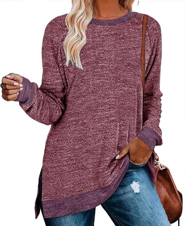 71qa5f9HLgL._AC_SL1500 Jngrtsyjvip Fashion Womens Crewneck Pullovers Color Block Long Sleeve Side Split Tunic Tops