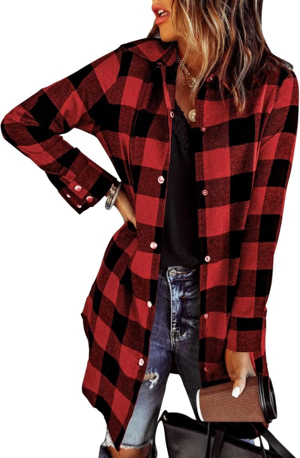 Jngrtsyjvip Fashion   Flannel for Women 2024 Fall Fashion Long Sleeve Plaid Button Down Shirts Shacket Blouse Top with Pockets