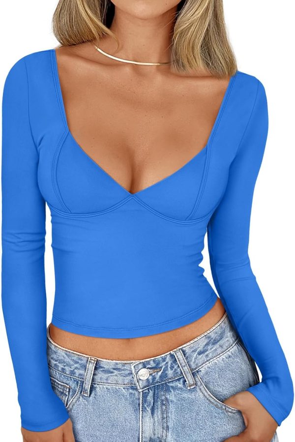 Jngrtsyjvip Fashion Womens Long Sleeve Deep V-Neck Crop Tops Basic Y2K Going Out Tops Fall Outfits 2024 Fashion Clothes