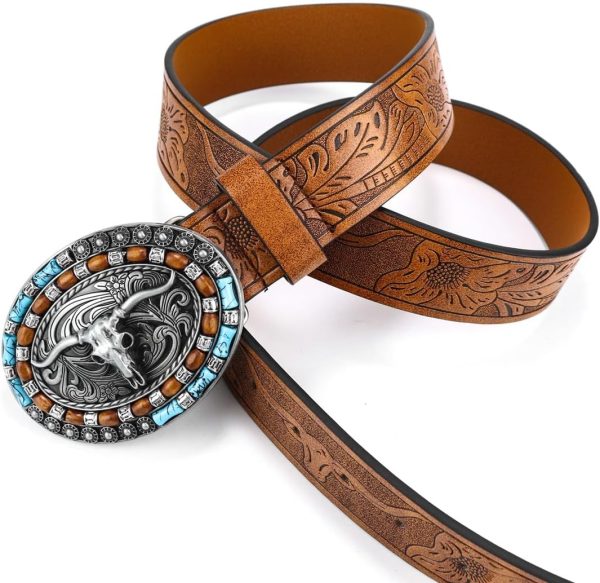 Jngrtsyjvip FashionWomen Western Cowboy Belt - PU Leather Longhorn Bull Turquoise Embossed Buckle Belt for Jeans Pants Dresses