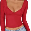 Jngrtsyjvip Fashion Womens Long Sleeve Deep V-Neck Crop Tops Basic Y2K Going Out Tops Fall Outfits 2024 Fashion Clothes