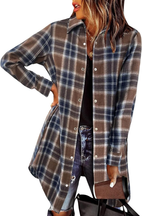 Jngrtsyjvip Fashion   Flannel for Women 2024 Fall Fashion Long Sleeve Plaid Button Down Shirts Shacket Blouse Top with Pockets