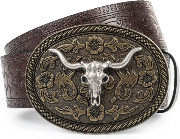 Jngrtsyjvip FashionWomen Western Cowboy Belt - PU Leather Longhorn Bull Turquoise Embossed Buckle Belt for Jeans Pants Dresses