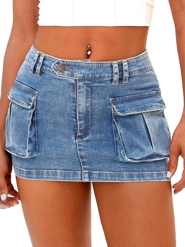 Jngrtsyjvip Fashion Women's Low Waist Mini Cargo Skirt Y2K, High-Stretch Bodycon Button Denim Skirt with Pockets