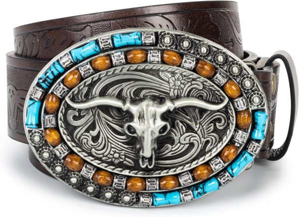 Jngrtsyjvip FashionWomen Western Cowboy Belt - PU Leather Longhorn Bull Turquoise Embossed Buckle Belt for Jeans Pants Dresses