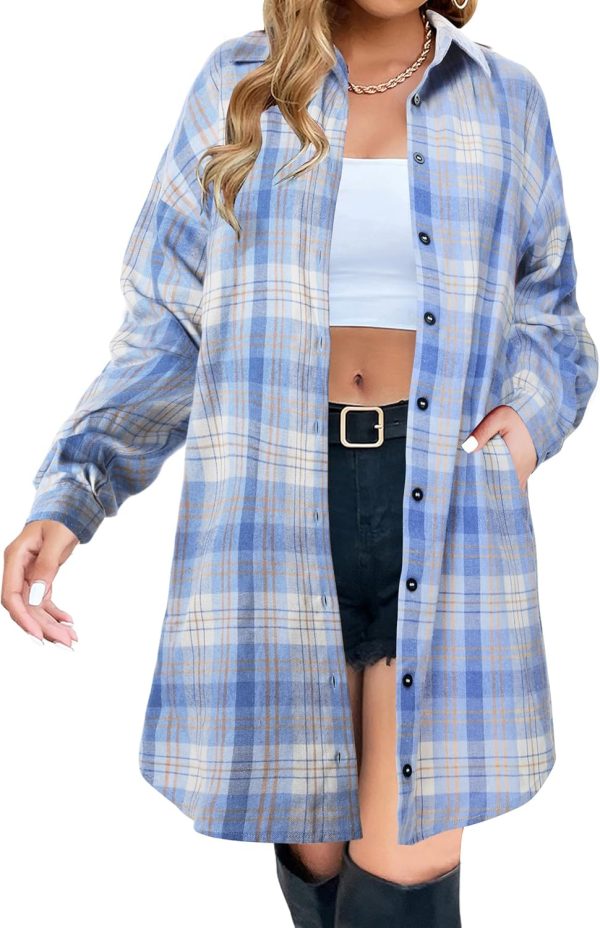 Jngrtsyjvip Fashion   Women's Button Down Flannel Shirts Plaid Shacket Long Sleeve Collared Long Jacket Coats