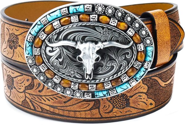 Jngrtsyjvip FashionWomen Western Cowboy Belt - PU Leather Longhorn Bull Turquoise Embossed Buckle Belt for Jeans Pants Dresses