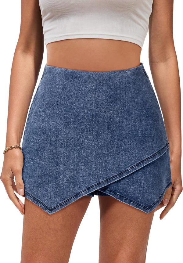 Jngrtsyjvip Fashion Jean Skorts for Woman High Waisted Pull On Stretchy Denim Wrap Skirt with Shorts Trendy Asymmetrical Skort