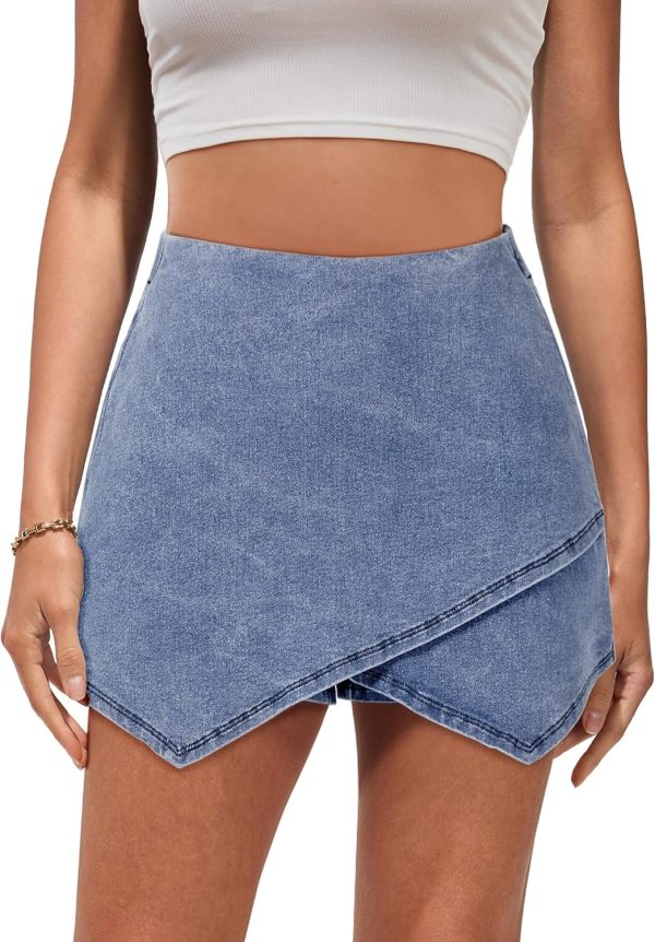 Jngrtsyjvip Fashion Jean Skorts for Woman High Waisted Pull On Stretchy Denim Wrap Skirt with Shorts Trendy Asymmetrical Skort