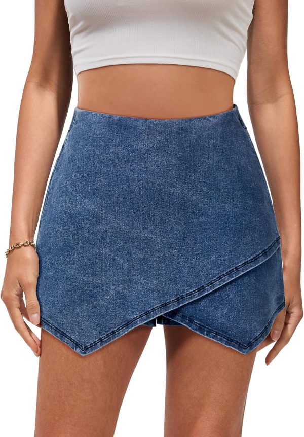 Jngrtsyjvip Fashion Jean Skorts for Woman High Waisted Pull On Stretchy Denim Wrap Skirt with Shorts Trendy Asymmetrical Skort